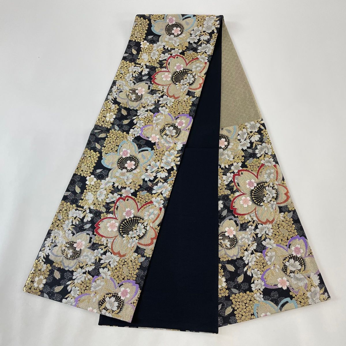 405y25◆市松 桜 菊 波 袋帯 金糸ラメ糸◆美品 袋帯 京都 西陣 金銀ラメ糸 四季の花 桜 菊 椿 牡丹 絹 中古 kp1947