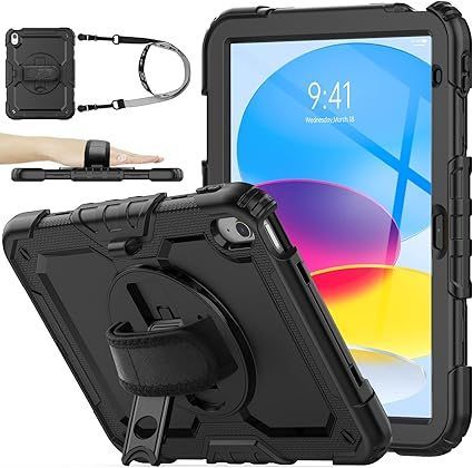 SEYMAC stock iPad 第10世代 10.9インチ専用ケース 耐衝撃 保護フィルム付き ペン収納 360回転スタンド ハンドストラップ ショルダーストラップ付き 全面保護カバー (ブラック)