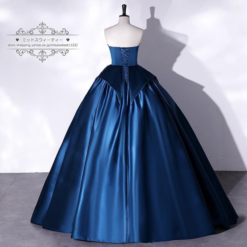 ロングドレス 演奏会 イブニングドレス プリンセスライン ステージ 舞台衣装 発表会 コンサート コンクール 大人 ブルー ビスチェ 音楽会 袖なし