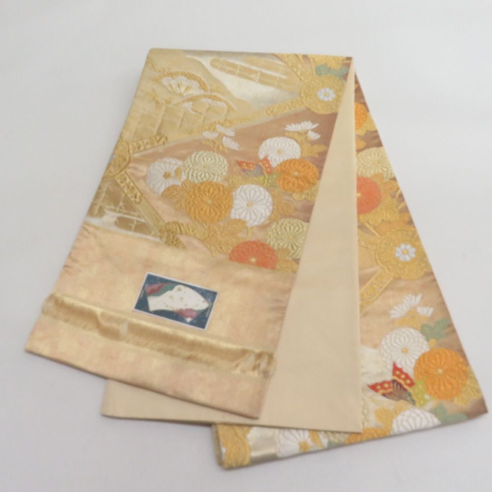 西陣織 袋帯 未仕立て 金色x緑色 金糸銀糸 菊に波模様など 六通柄