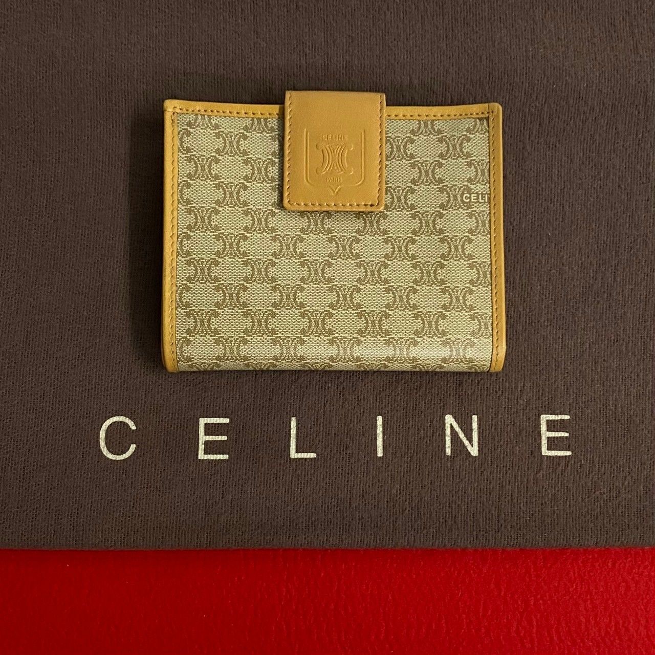 極 美品 CELINE セリーヌ マカダム 柄 トリオンフ ロゴ レザー 本革 二