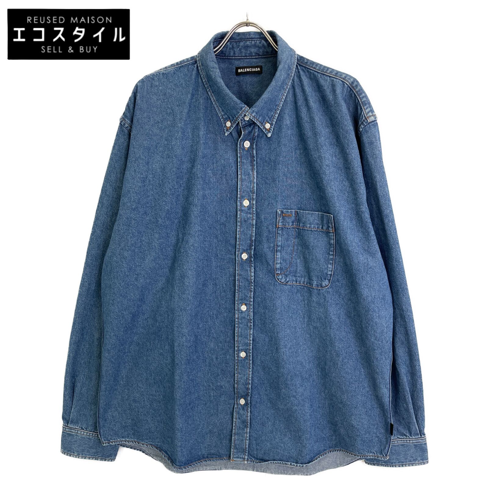 BALENCIAGA バレンシアガ 571365 ﾌﾞﾙｰ ﾊﾞｯｸﾛｺﾞ ｵｰﾊﾞｰｻｲｽﾞ ﾃﾞﾆﾑｼｬﾂ 41