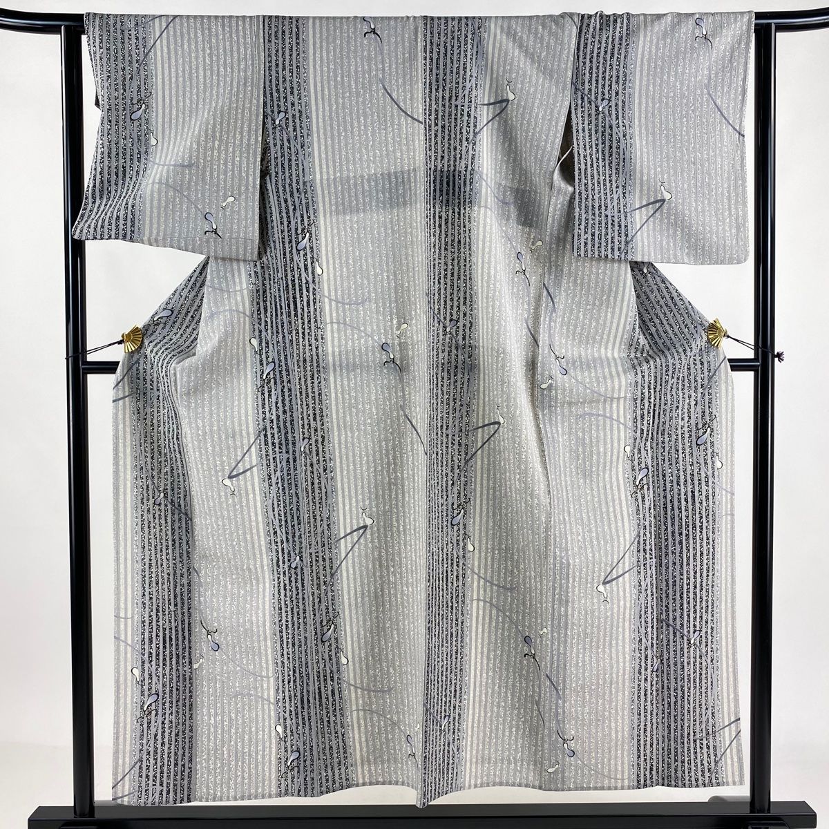 小紋 身丈154cm 裄丈62.5cm S 単衣 縦縞 瓢箪 金彩 灰色 正絹 秀品