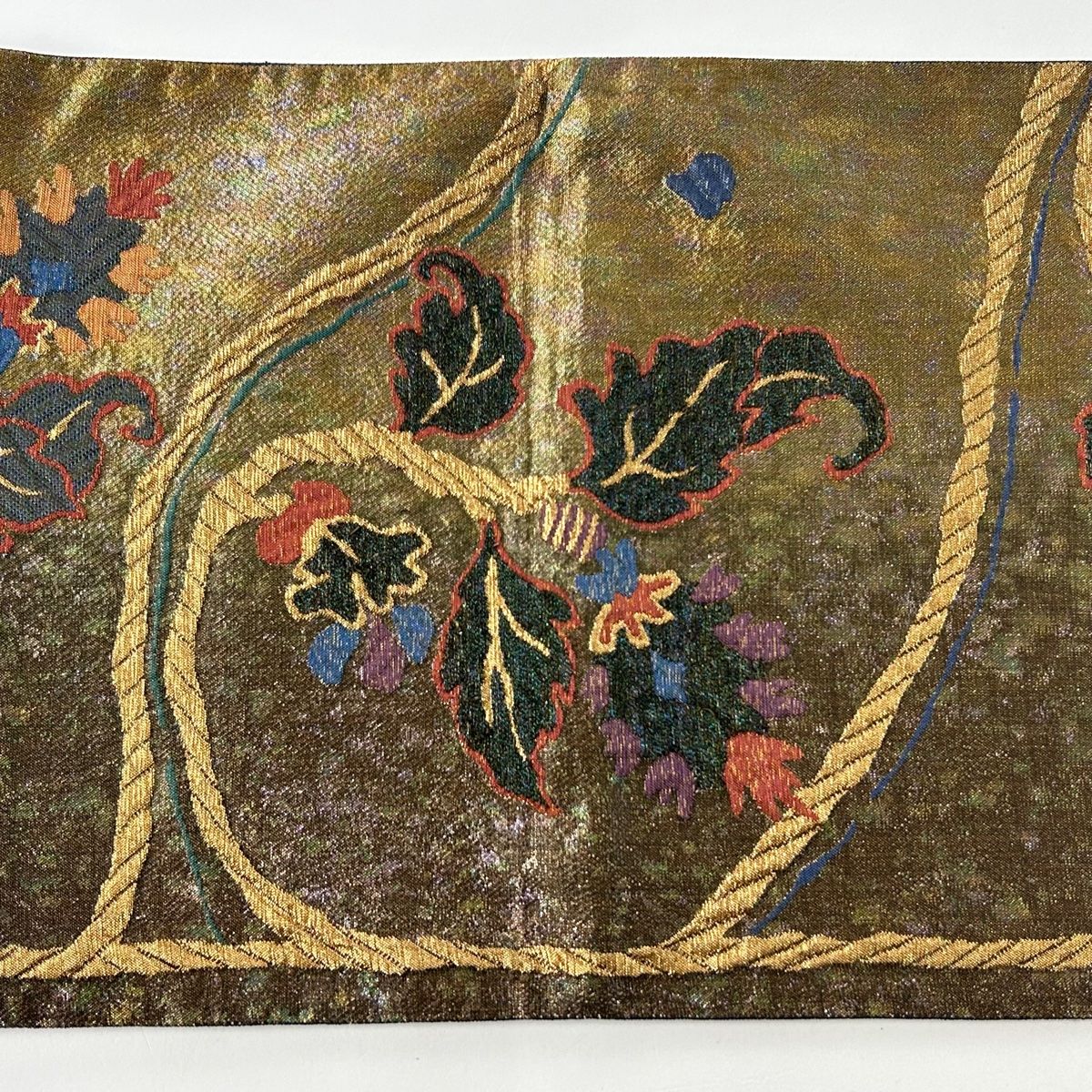 袋帯 美品 名品 総浮本袋 牡丹唐草 縞 焦茶色 全通 正絹 【中古