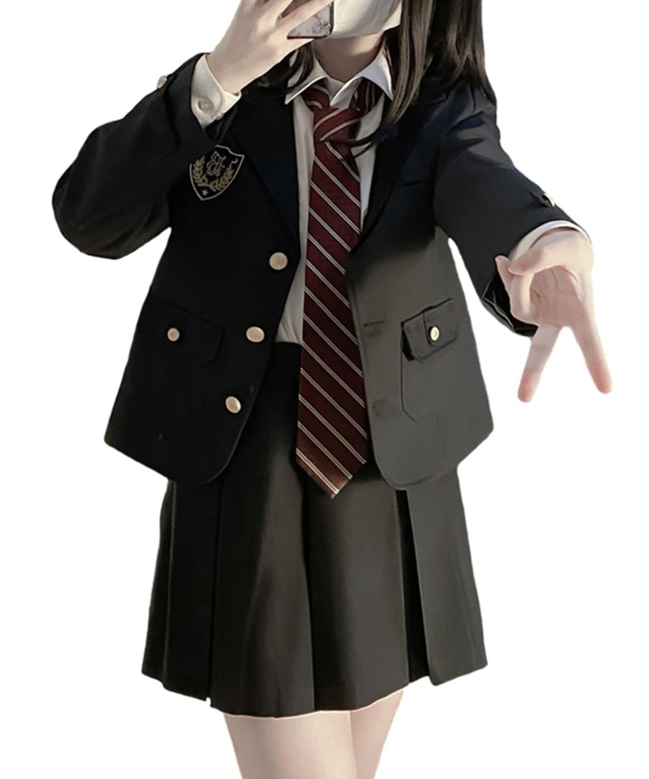QOOLY 女子高生 制服 コスプレ 黒 ブレザー プリーツスカート ネクタイ 長袖シャツ 4点セット 本格制服 女子高校生 女子制服 学生服 JK制服 コスチューム 仮装 スクールスーツ 学園祭 文化祭 卒業式 入学式