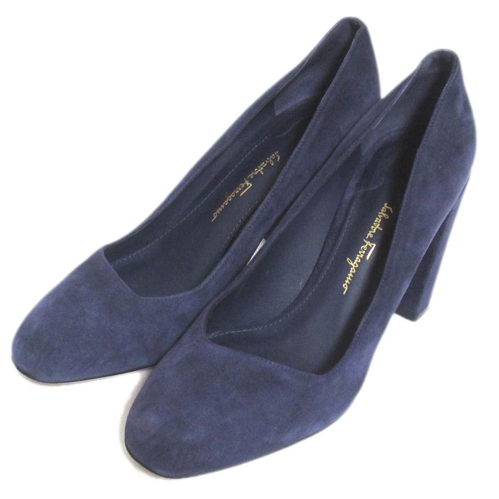 Salvatore Ferragamo サルヴァトーレフェラガモ スエード チャンキーヒール ハイヒール パンプス サイズ5.5C 約23cm ネイビー レディース 古着