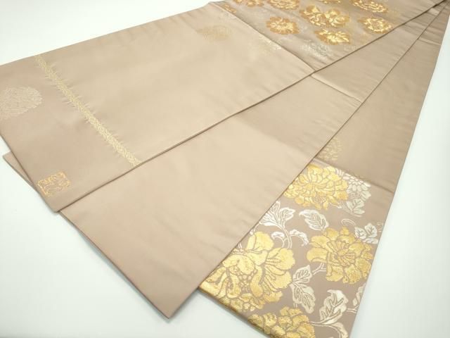平和屋着物■極上　龍村晋謹製　六通柄袋帯　瓦灯富貴錦　瓦燈印金錦　牡丹唐草　金糸　白茶色地　たとう紙付き　逸品　CZAA3943s5 平和屋着物□極上 龍村晋謹製 六通柄袋帯 瓦灯富貴錦 瓦燈印金錦 牡丹