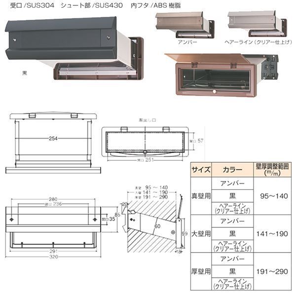 No.2000ポスト ヨコ型 内フタ付気密型 大壁 黒【0001-05817】 - タイシ