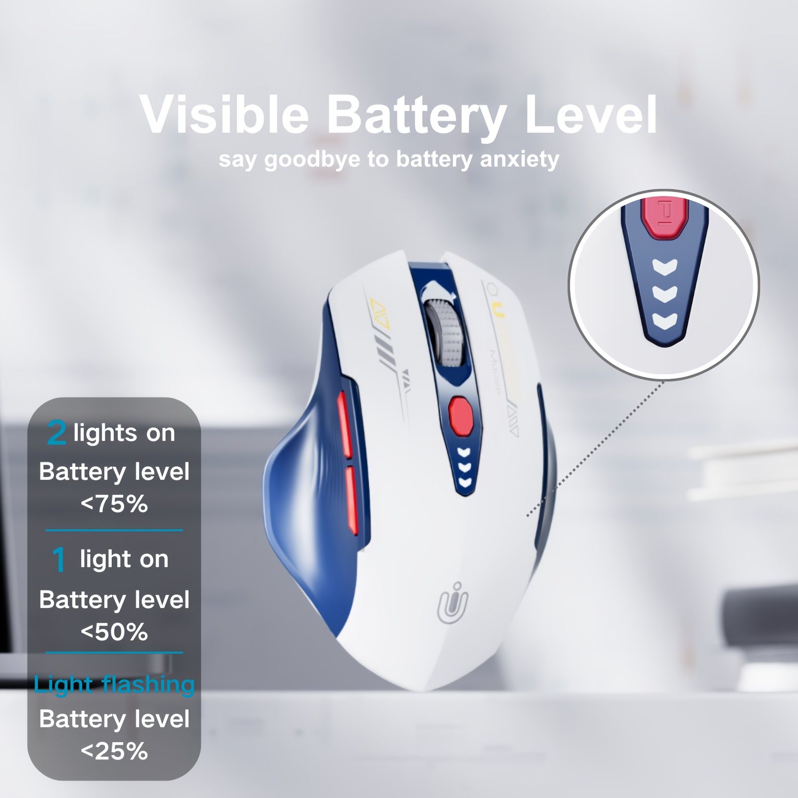 UINEER エルゴノミックワイヤレスマウス - トライモード充電式（BT 4.0、5.ホワイト＆ブルー、バッテリーディスプレイ表示、6ボタン、耐久性クリック、充電式リチウムバッテリー、Type-C充電、オフィス＆勉強に最適）