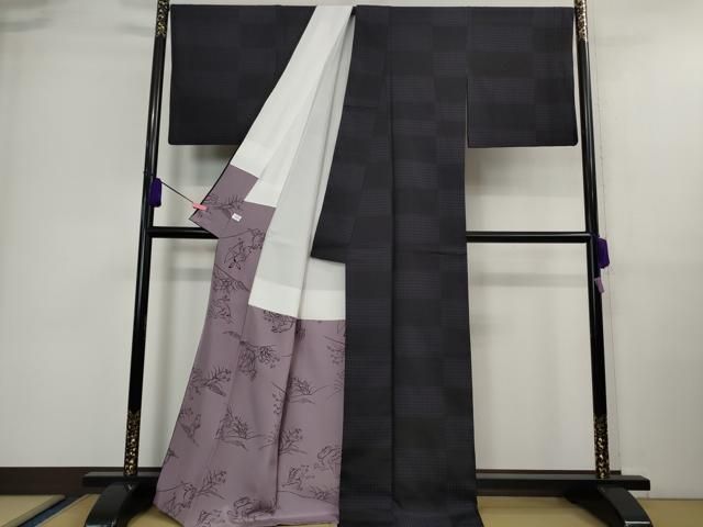 平和屋着物 上 お召 市松花文 黒×深紫色 DZAA9678kh5