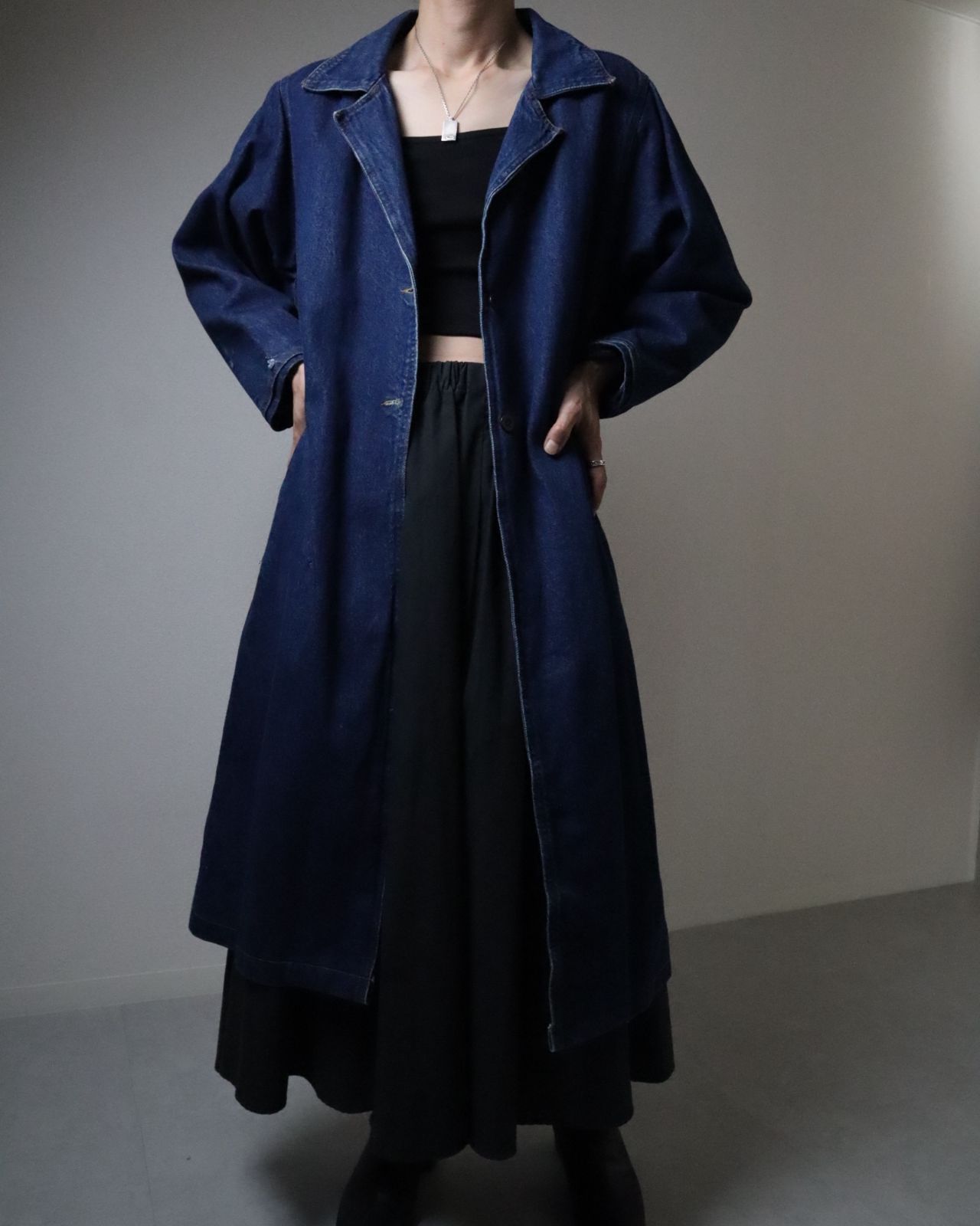 long denim chester coat indigo 80s 90s vintage ロング デニム チェスター コート カバーオール ジャケット インディゴ 濃紺