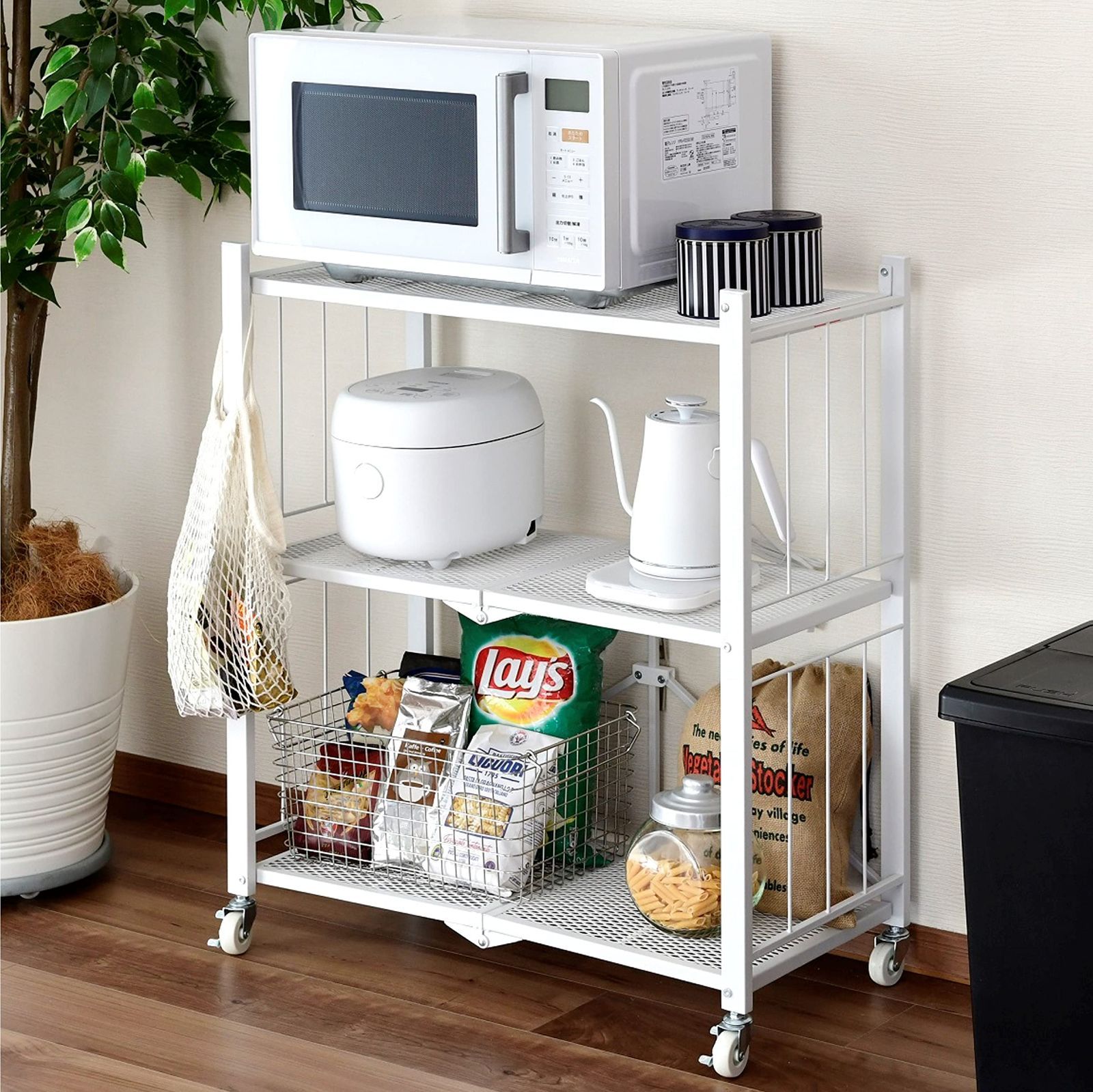 【特価セール】3段 全体耐荷重45 幅71.5×奥行37×高さ86 (本体完成品/キャスターを付けるだけ) 棚 すぐに使える シェルフ (折りたたみ) ホワイト ラック LIS-3(WH) [山善]