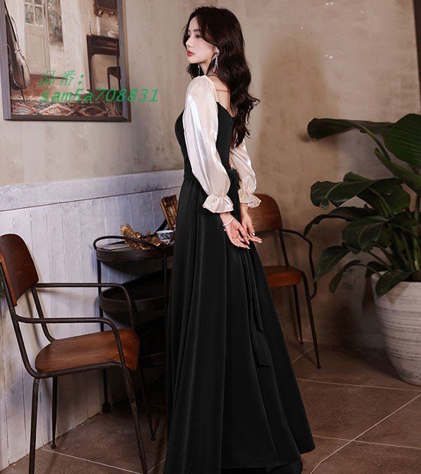 ドレス 大人 ピアノ 発表会 ロングドレス 演奏会 袖付き 結婚式 ワンピース ピアノ発表会 演奏会ドレス 長袖 母親 黒 am5a708831