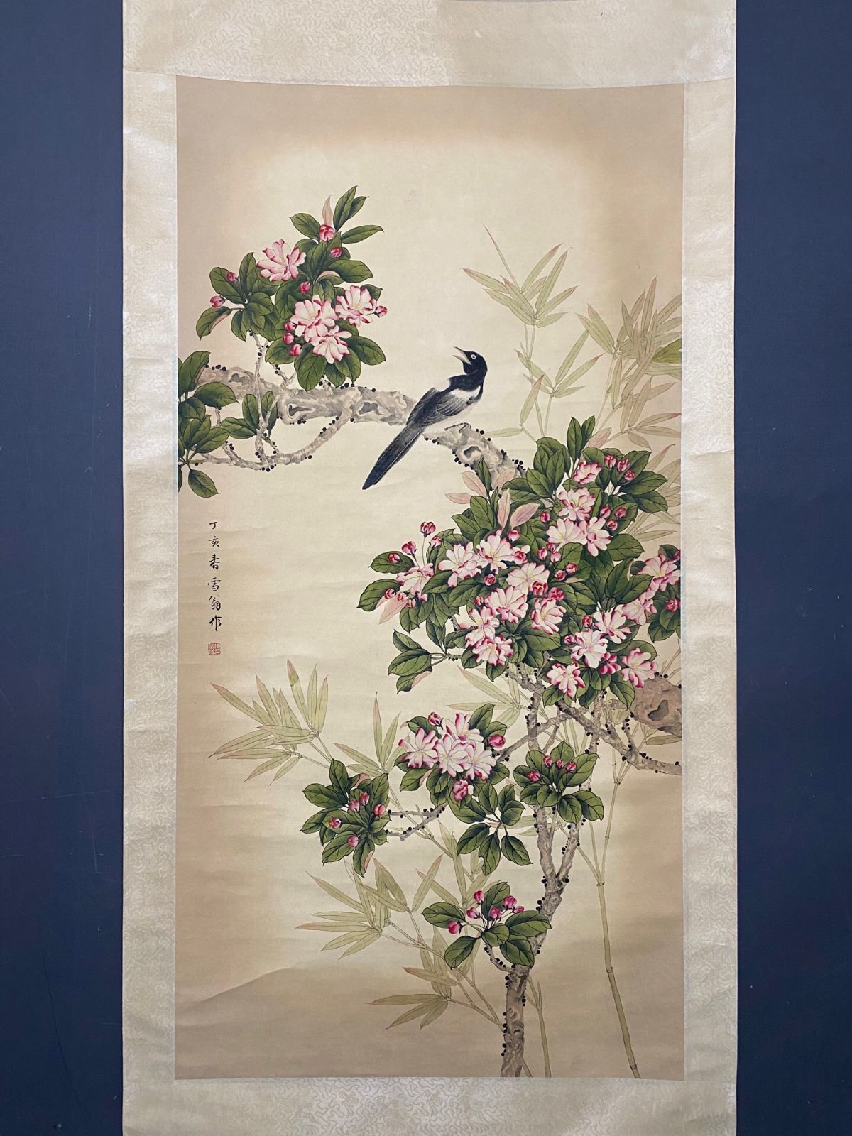 旧家蔵出し 四尺中堂画 陳之仏 花鳥画 宣紙 肉筆紙本 掛軸