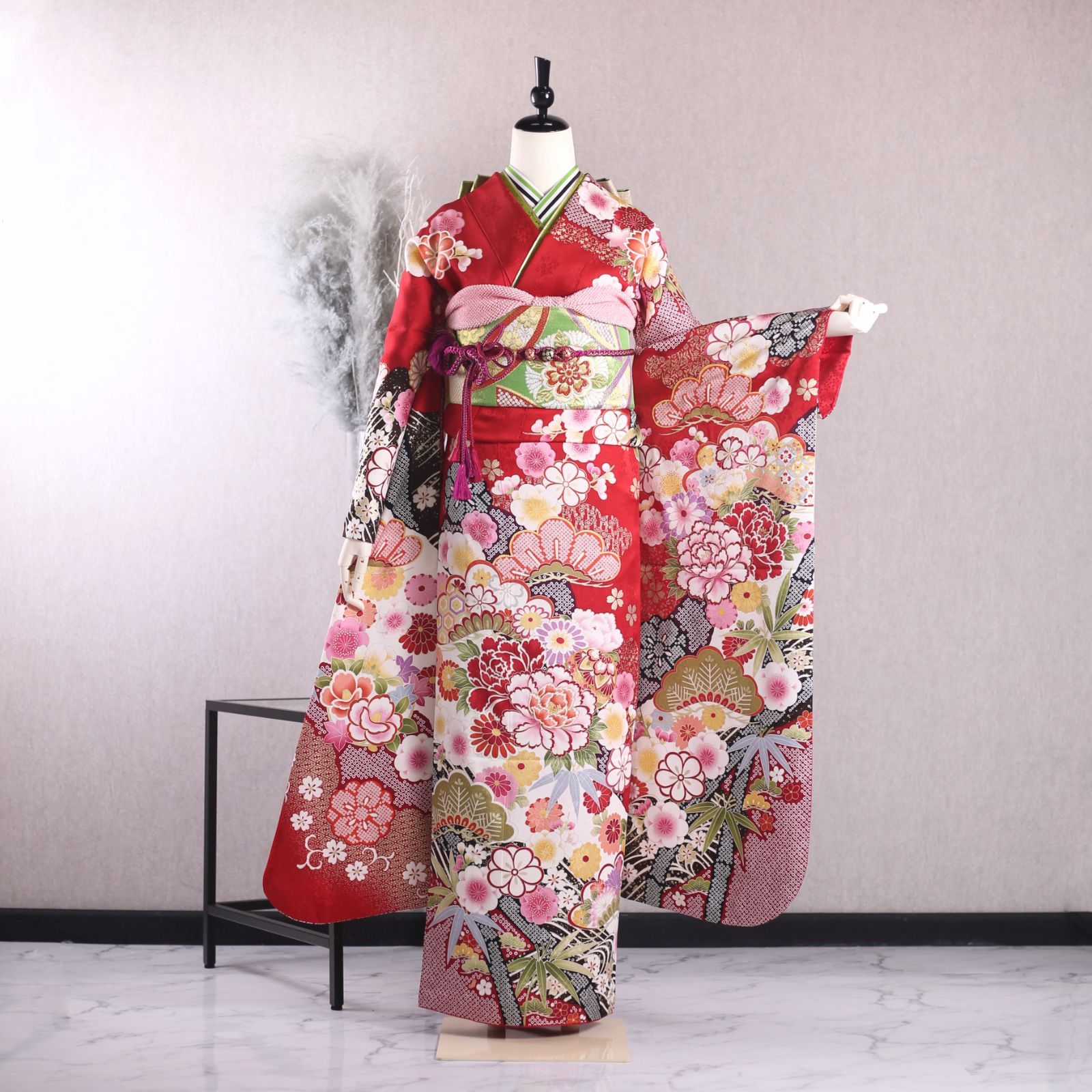 振袖フルセット 振袖セット 振袖 LLサイズ 中古 赤×新古典 美品 成人式 