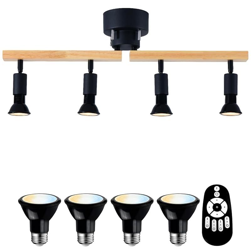 ANWIO シーリングライト4灯 ペンダントライト LED電球付き 調光 調色 天然木 スポットライト 550LM 6畳 8畳 E11口金 リモコン操作 北欧 角度調節自由 キッチン 間接照明 天井照明 おしゃれ ダイニング 電池別売 0
