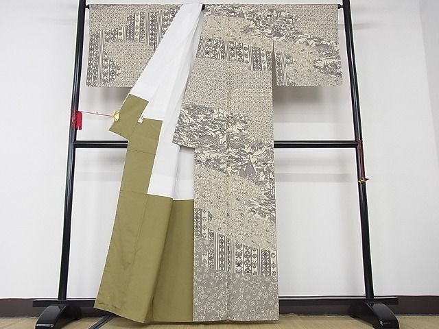 平和屋-こころ店□極上 訪問着 型染め 花織地紋 流水割付文 着丈159cm