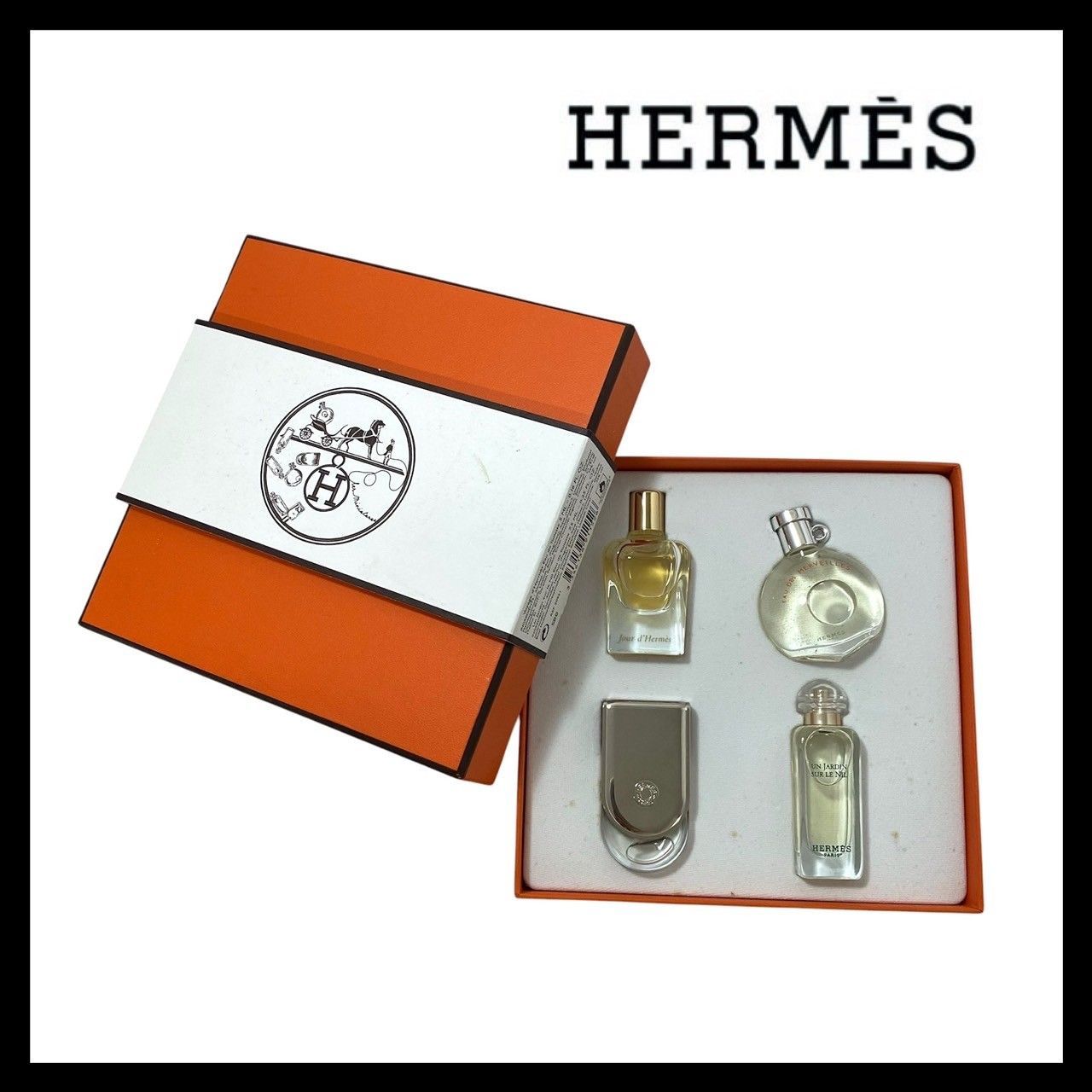 【HERMES】ミニボトル 香水 4本セット ジュール ドゥ エルメス/オー デ メルヴェイユ/ヴォヤージュ ドゥ エルメス/ナイルの庭 7.5ml  オードトワレ オードパルファム エルメス (SER2668)