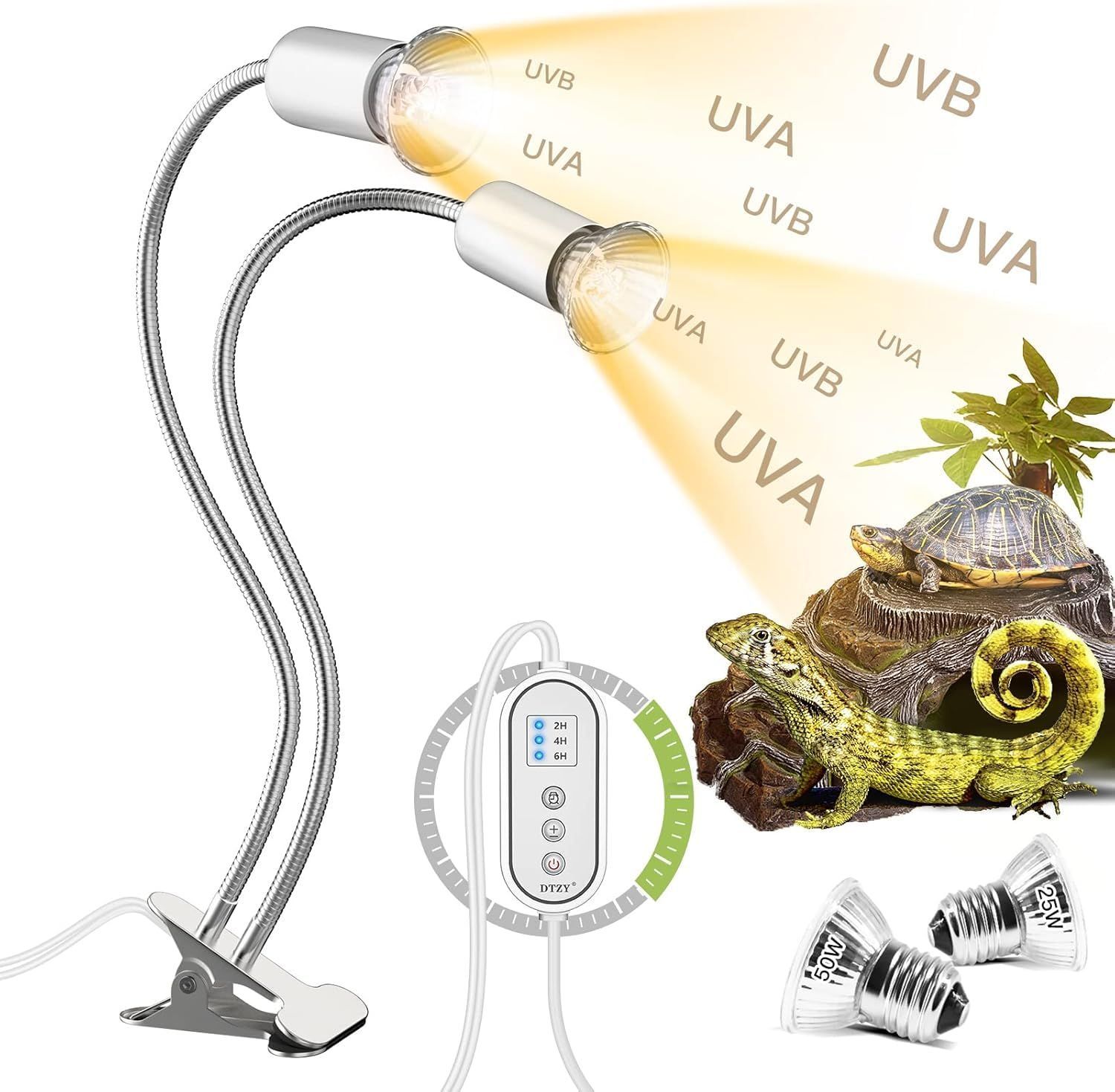 【在庫処分】紫外線ライト 亀 両生類用ライト 双頭爬虫類ライト バスキングライト 25W+50W保温電球 アナログ太陽 熱帯・亜熱帯 UVA*UVBライト 24時間サイクルタイマー機能 明るさ調節可能 360度回転可能 DTZY 亀日光浴ライト 背中を干す 照