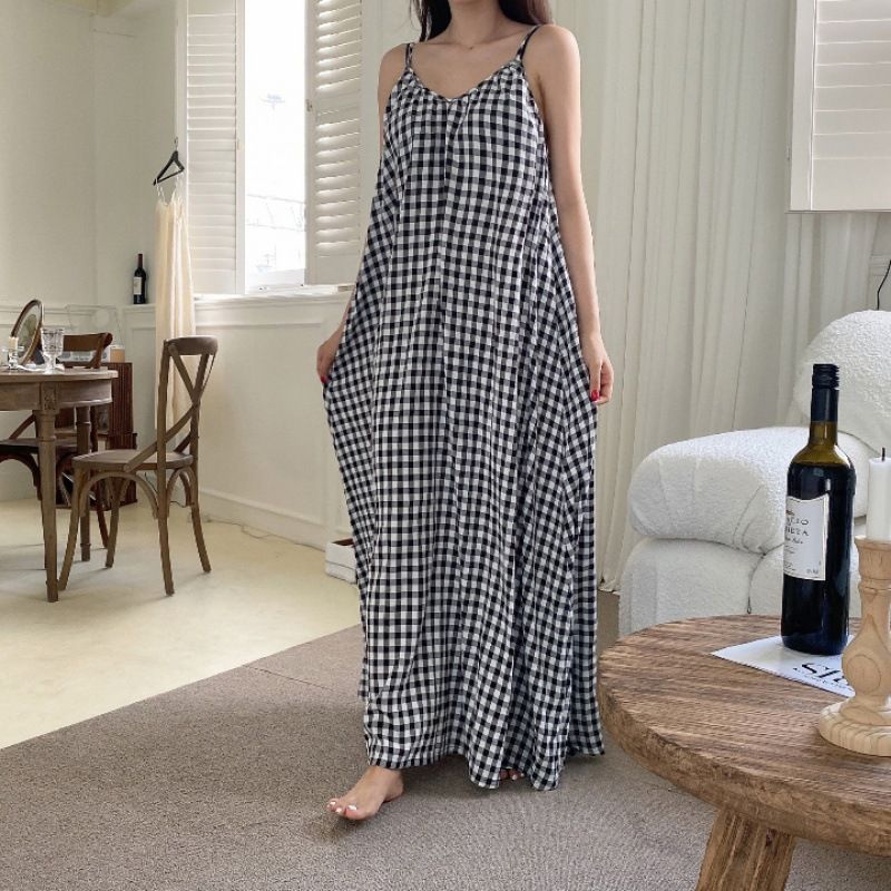 ワンピース チェック柄 ロングワンピース ノースリーブ