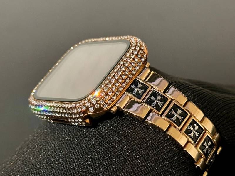 ローズゴールド Apple Watchメタルバンド glassパヴェカバー アップルウォッチ ステンレスベルト クロスデザイン リンクブレスレット 画面保護ケース キラキラ メッキ 41mm42mm44mm45mm46mm49mm ultra ウルトラ