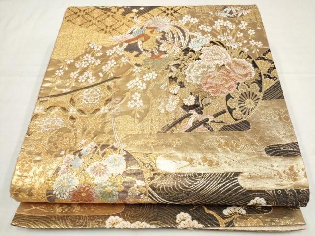 平和屋着物▽六通柄袋帯 霞花鳥丸文 松竹梅 金糸 正絹 逸品