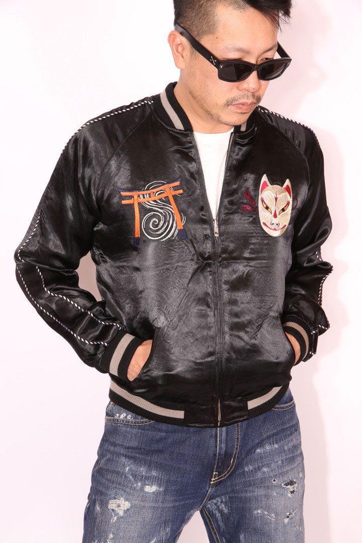 スパシャン 花旅楽団SCRIPT 狐面 刺繍 和柄 スカジャン SSJ-520 ジャケット