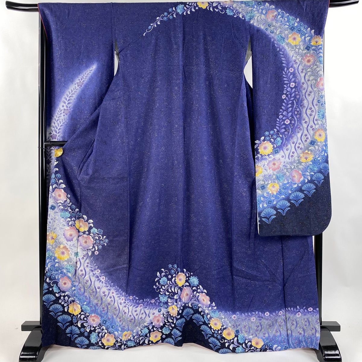 振袖 身丈166cm 裄丈69cm L 袷 草花 立涌 金通し 金彩 紺色 正絹 名品