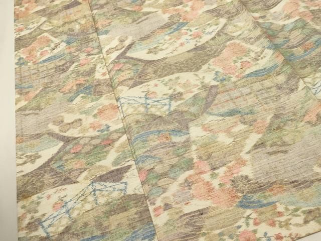 平和屋着物▽小千谷紬 単衣 地紙草花文 正絹 逸品 CAAT0777dy