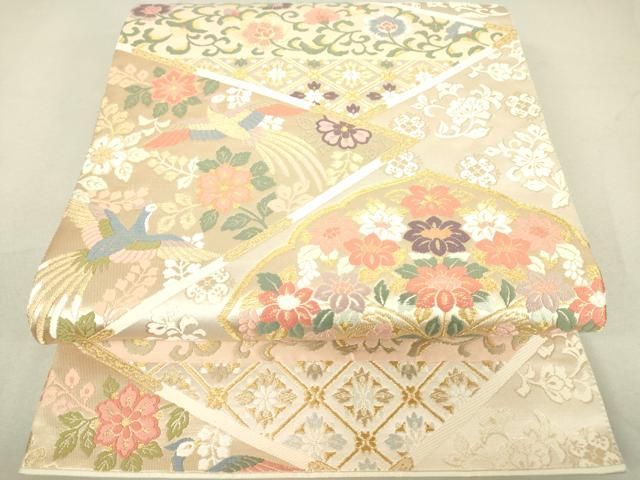 平和屋着物▽六通柄袋帯 唐織 向かい鳥花文 金糸 正絹 逸品