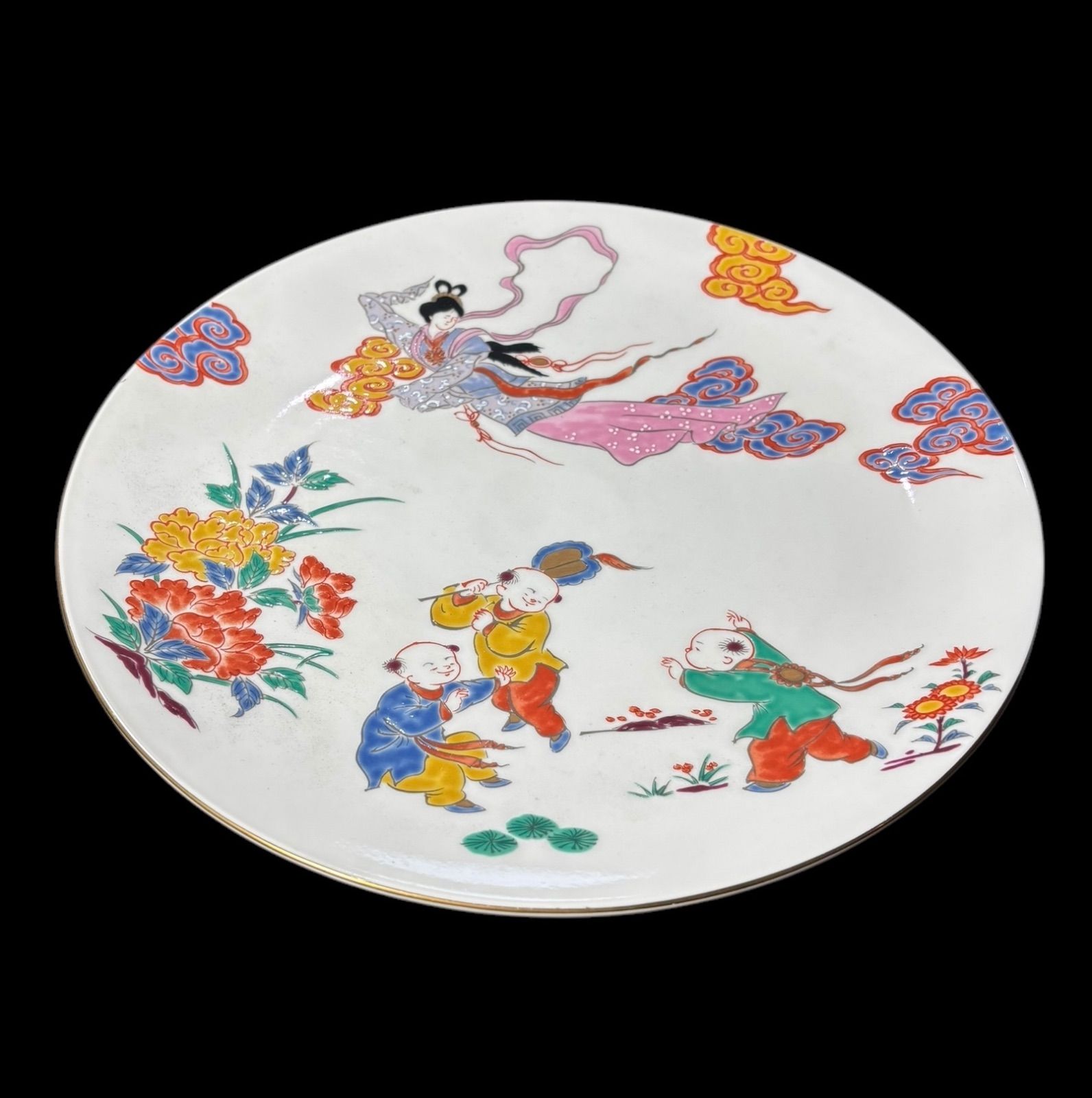 鍋島天女童子絵 荘能子謹製 大皿 色絵 丸皿 中国美術 盛り皿 飾り皿 和