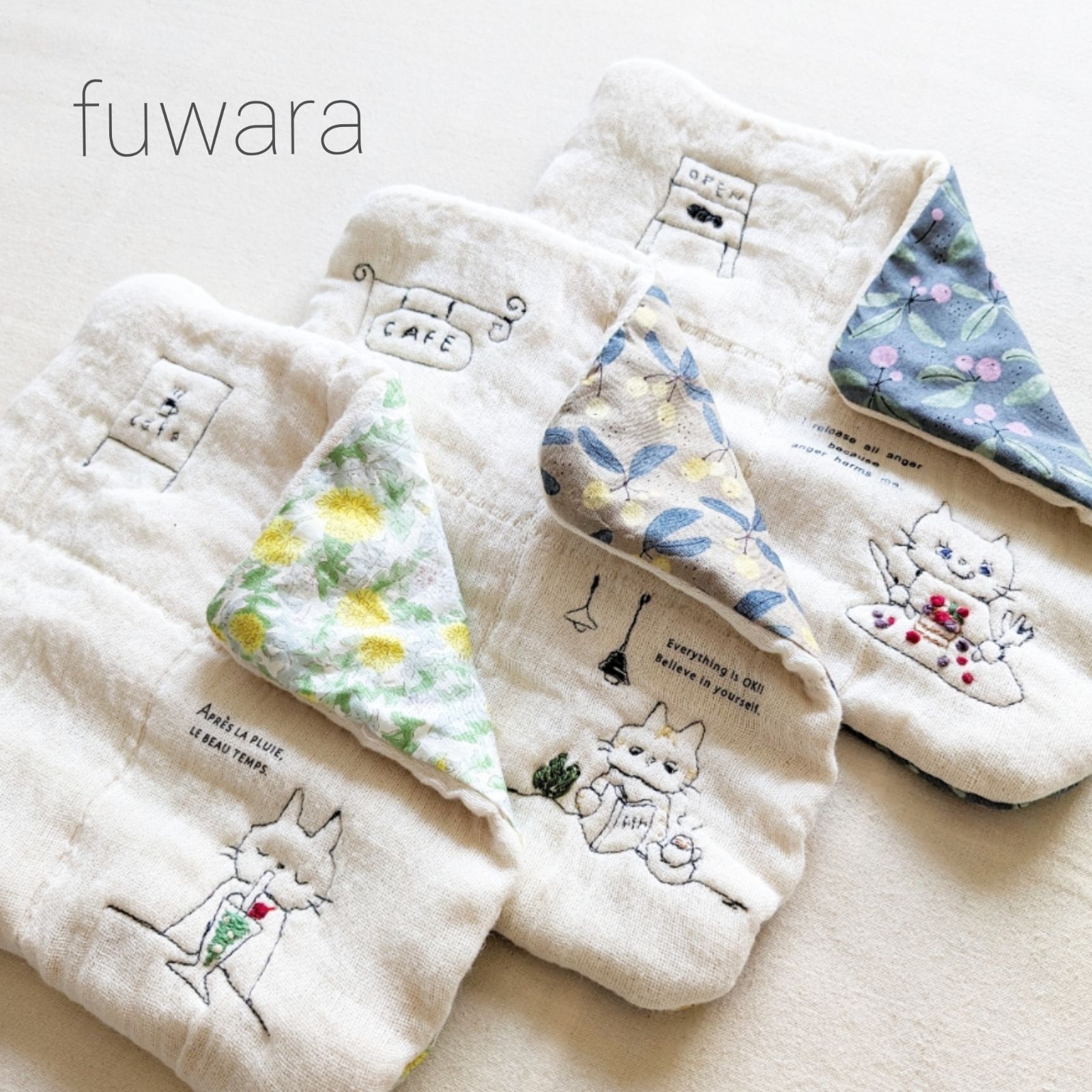fuwara 6重ガーゼハンカチ タオル 刺繍 ねこカフェ - mofu+ - メルカリ