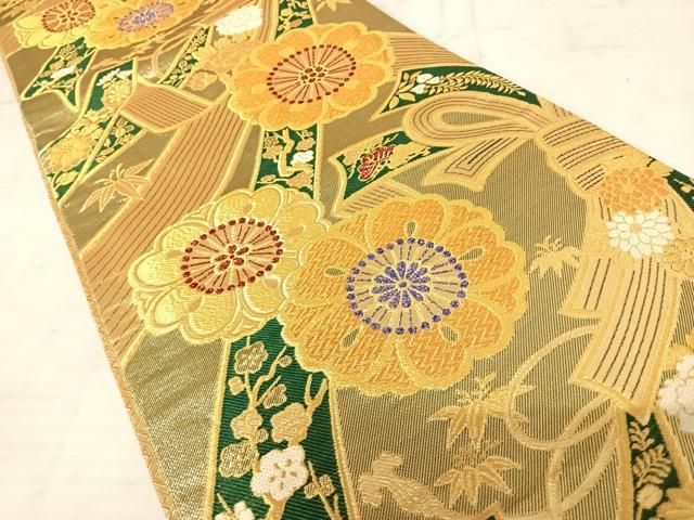 セミアンティーク　袋帯　唐織　梅花　リーフ模様　金糸　銀糸　着物　044a p セミアンティーク 袋帯 唐織 梅花 リーフ模様 金糸 銀糸 着物 044a p