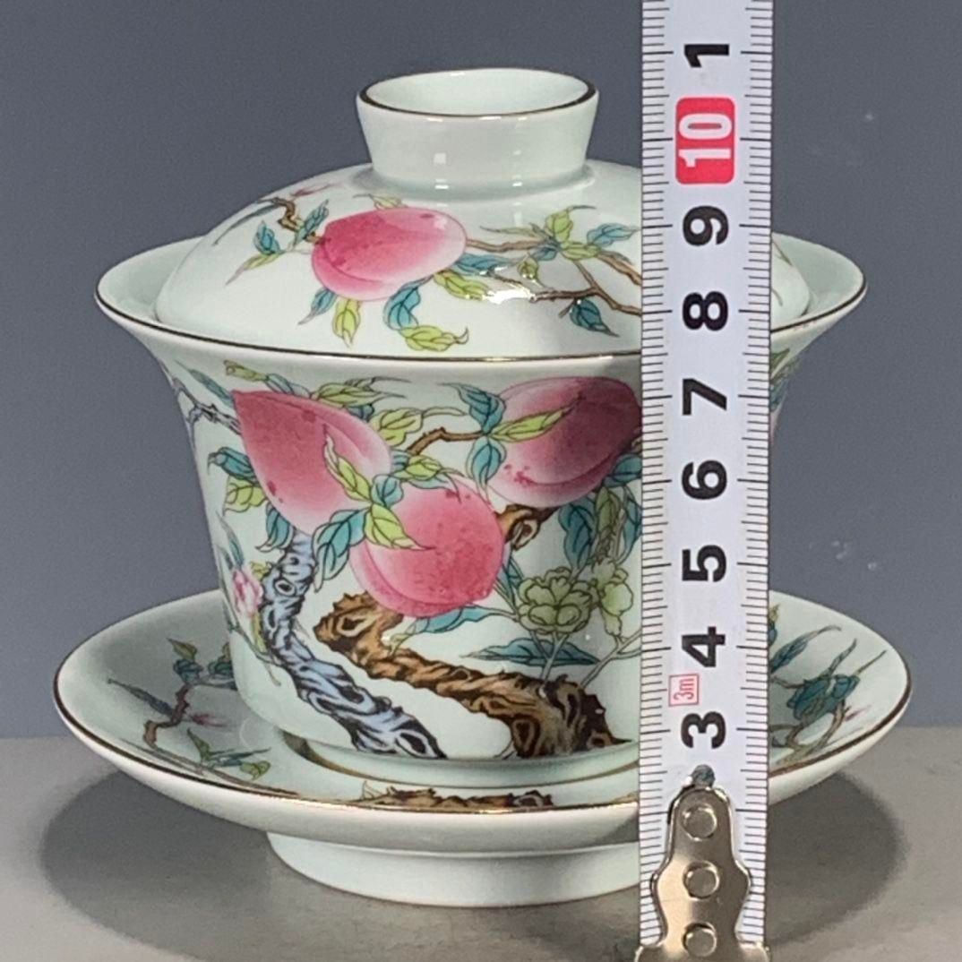 新品 中国美術 粉彩蒔金寿桃三才蓋碗 湯呑 茶器 蓋付 飲茶食器 5