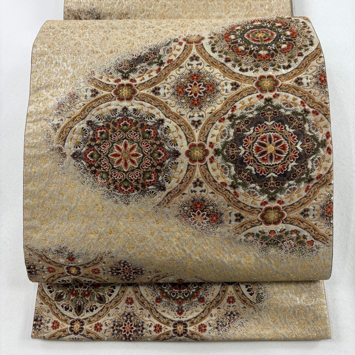 袋帯 名品 加納幸 落款 華文 刺繍 金糸 灰茶 六通 正絹 【中古
