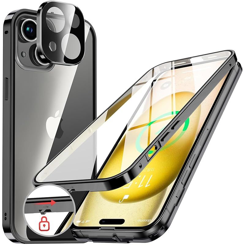 NIANGUO【ロック機能付き・自動ポップアップボタン】 iPhone15 用 ケース クリア 【両面強化ガラス】 9H硬度 【一体型レンズ保護】 アイフォン15 カバー アルミバンパーケース メタルフレーム 耐