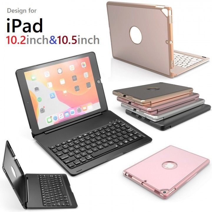 F102 iPad 10.2インチ 第9世代/第8/7世代/Pro 10.5インチ/Air3 2019年版通用 Bluetooth ワイヤレス キーボード ハード ケース アルミボディ ノートブックタイプ 7色バックライト付 オートスリープ機能 4色