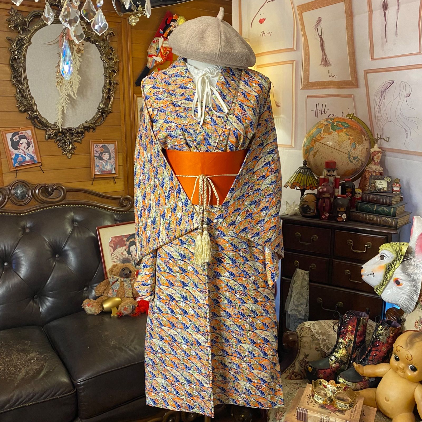 1点もの ハンドメイド ワンピース 古着 リメイク 和洋折衷 古着 洗える 化繊 着物 和 ハンドメイド リメイク