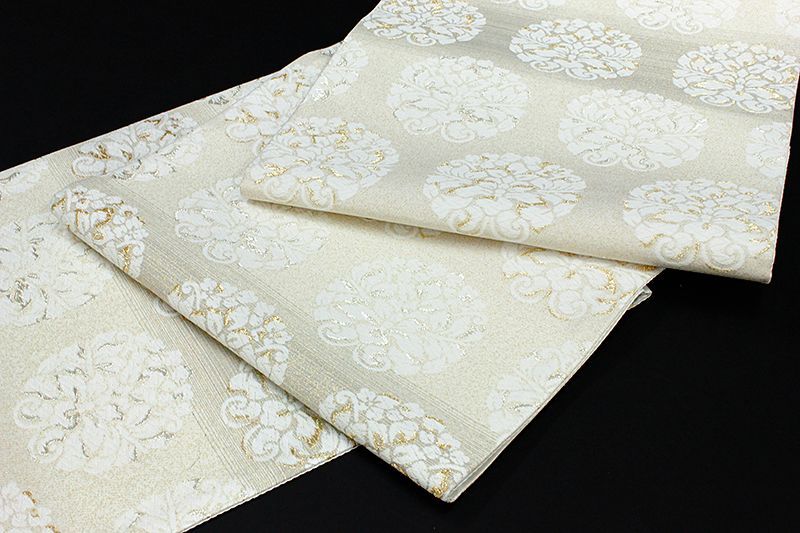 袋帯 正絹 極上の唐織 西陣織 新品 白地 オフホワイト 華文 横段 金  