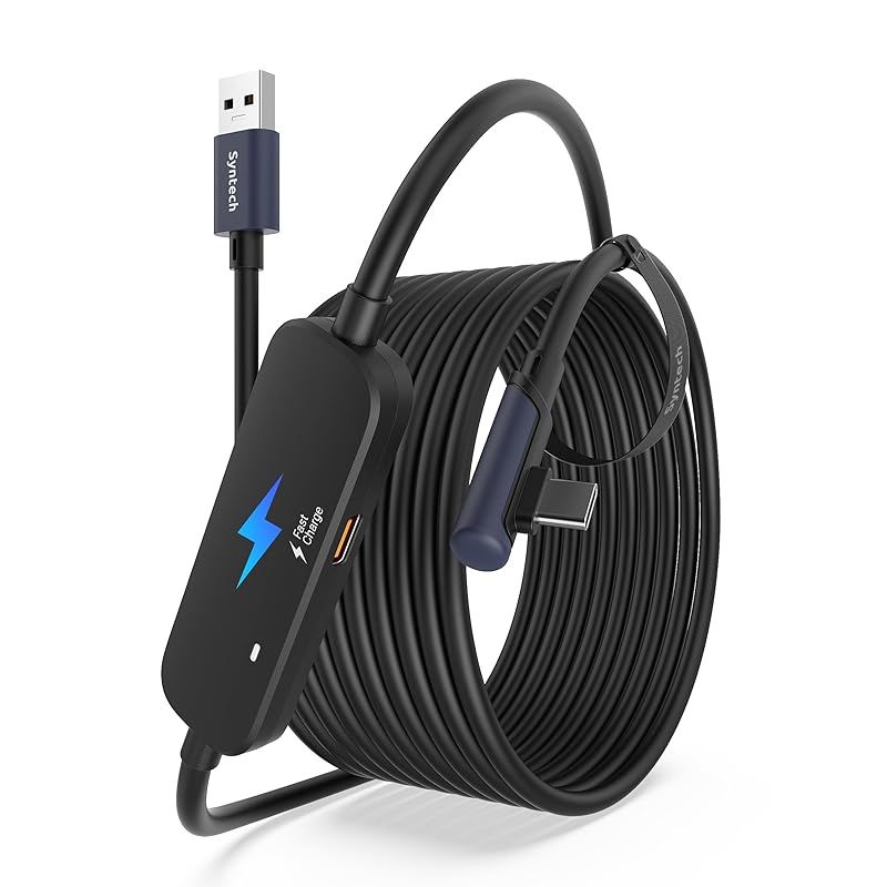 Syntech リンクケーブル 5M 充電付き、Meta Quest 3S/Quest 3/Quest2/Pico 4 に対応、別の充電ポート付き VR リンクケーブル、USB 3.0 から Type C コード ライト PC/SteamVR 用-ブラック