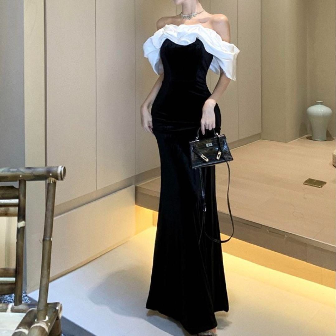 胸元のフリルがオシャレなマーメイドイブニングドレス♩.• 新品・未使用】胸元のフリルがオシャレなマーメイドイブニング