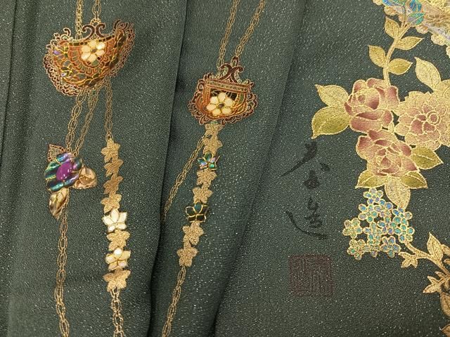 平和屋着物○螺鈿作家 甲斐泰造 訪問着 花蝶文 暈し染め 金彩 銀通し地