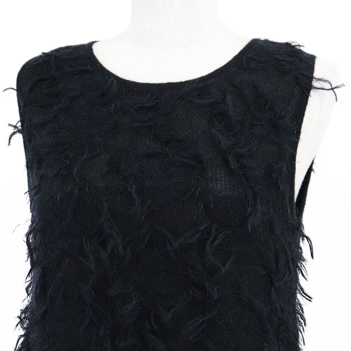 CHANEL シャネル ワンピース 09A P36107 モヘア フリンジ ノースリーブ シグネチャー ロゴ COCOマーク スター 星 リース モチーフ チャーム プルオーバー Aライン ドレス レディース サイズ 38 ダークネイビー フランス製