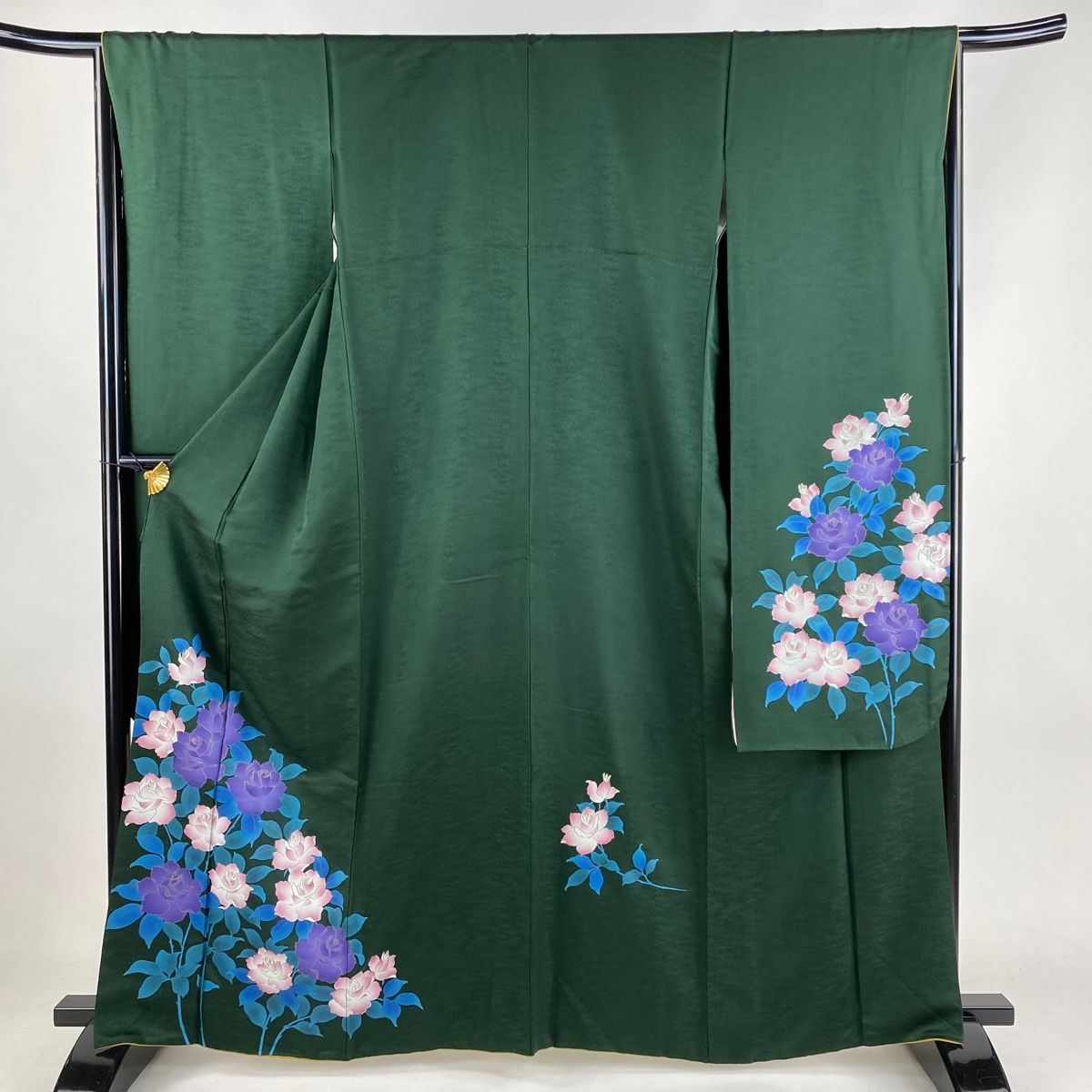 振袖 身丈164cm 裄丈65.5cm M 袷 薔薇 金彩 深緑 正絹 秀品