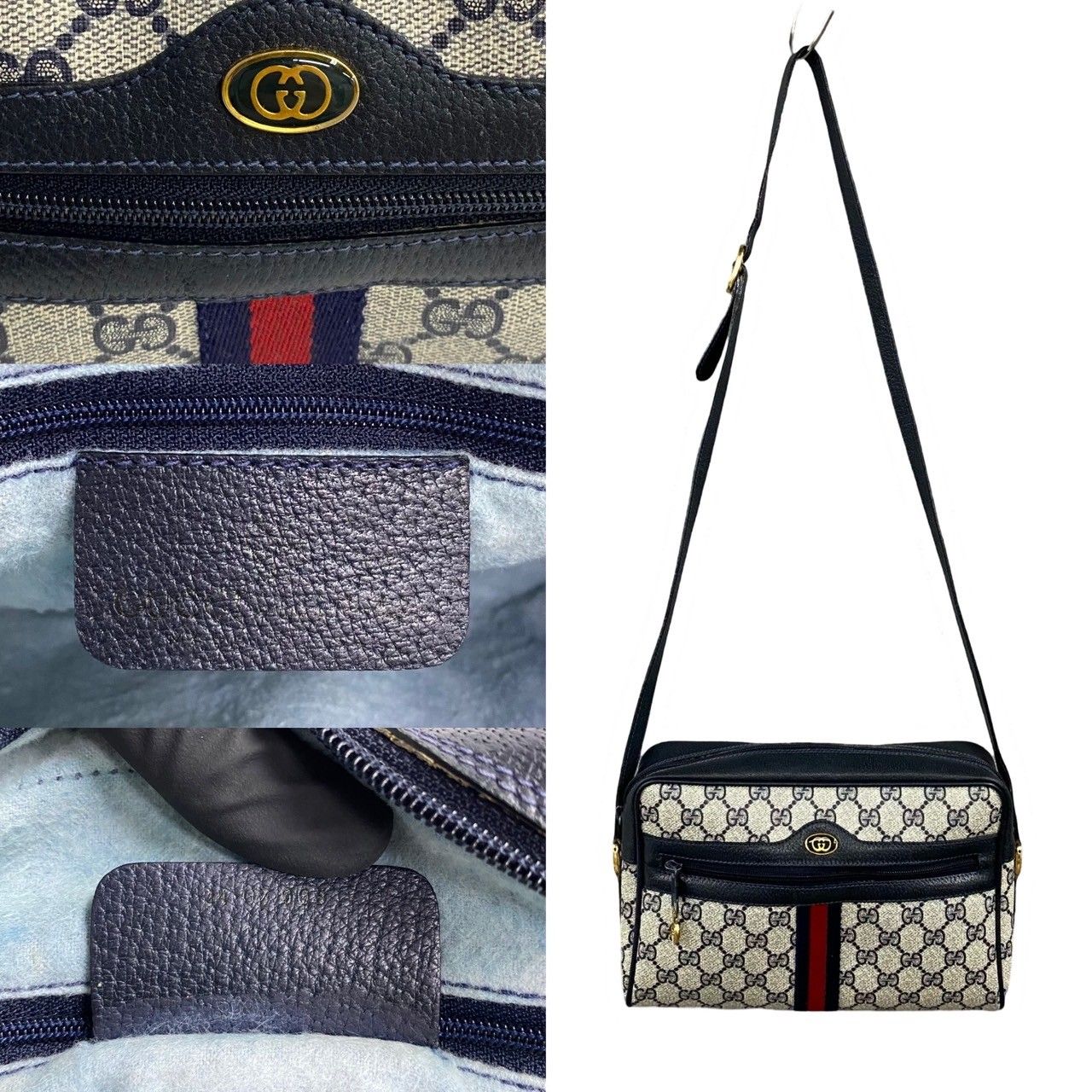 極 美品 GUCCI グッチ オールドグッチ ヴィンテージ シェリーライン GG ロゴ 金具 レザー ショルダーバッグ ポシェット ネイビー 296-2