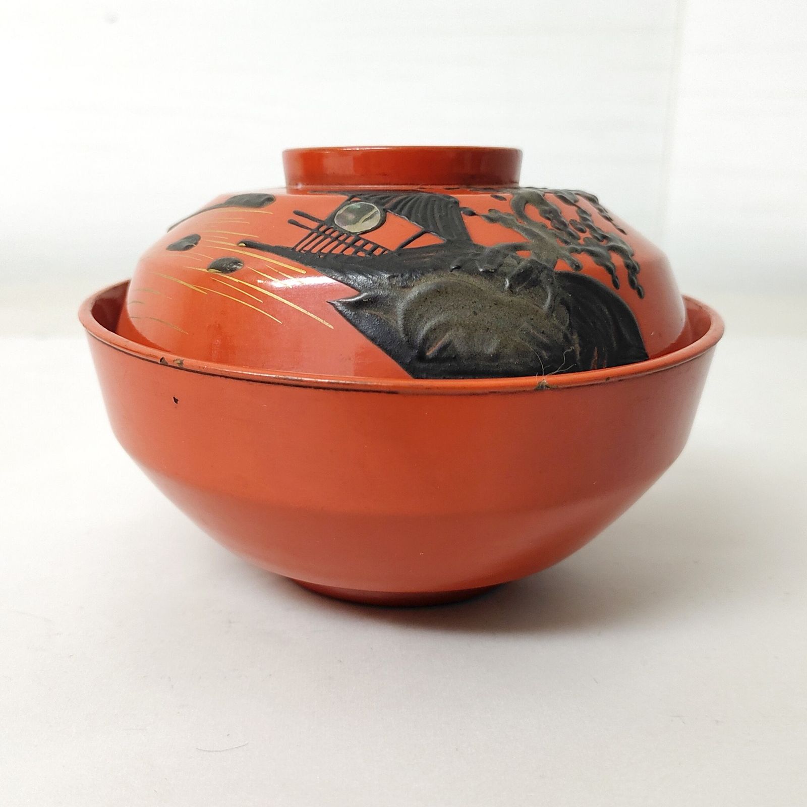 骨董・蓋付汁椀・5客セット・漆器・螺鈿・和食器・No.230405-20