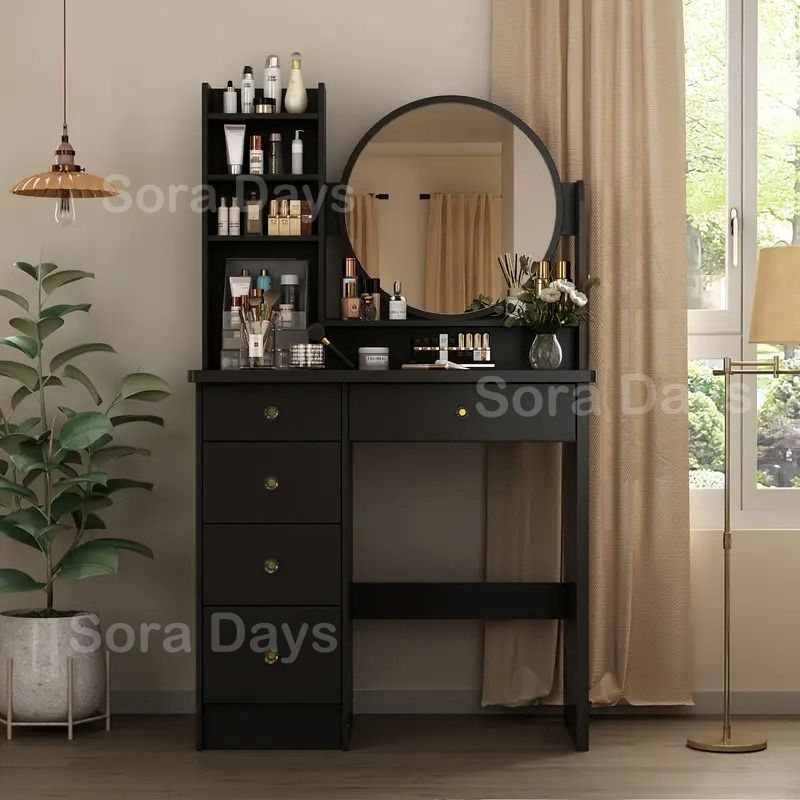 ドレッサー 化粧台 丸鏡 スツール付き おしゃれ かわいい シンプル 感 モダン ナチュラル クラシック インテリア 北欧 鏡台 ドレッシングテーブル 内蔵ミラー スリムデザイン 広々収納 寝室 メイクデスク 収納家具 ホワイト ピンク ブラック