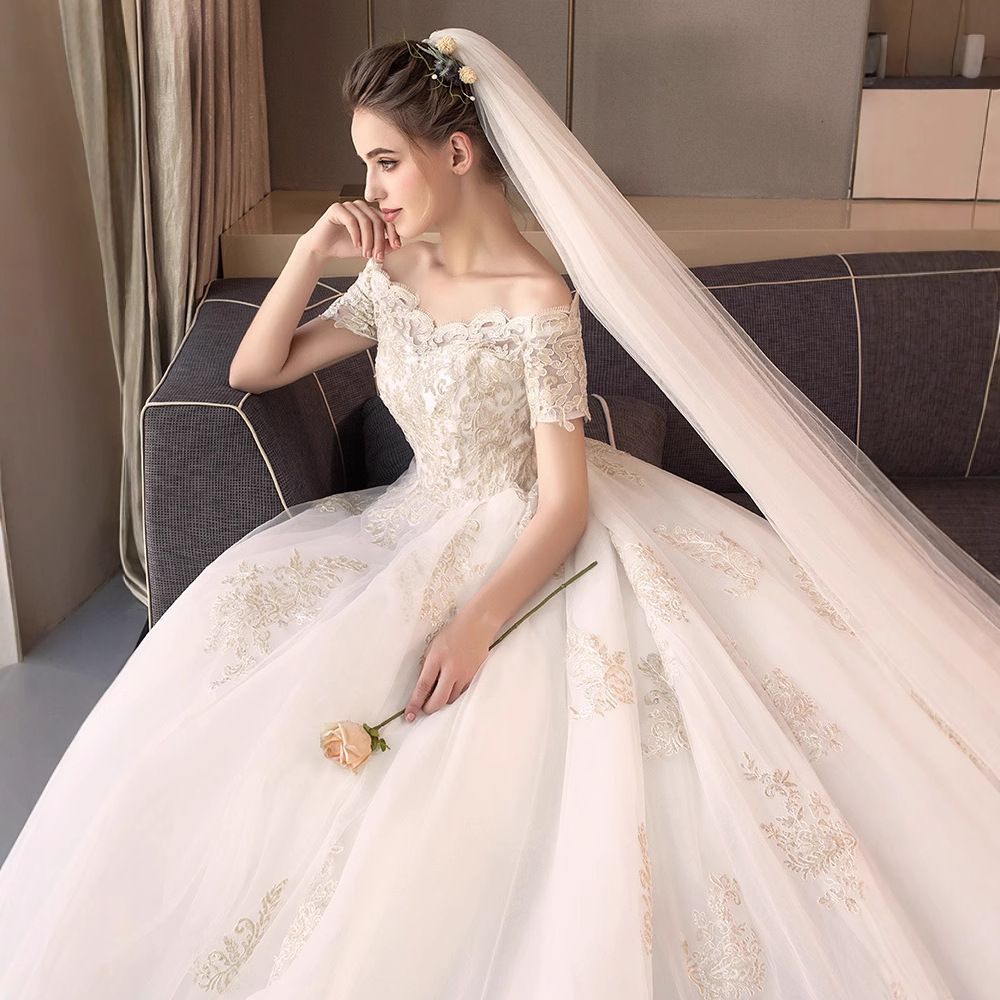 法式 一字肩 宮廷風 ロングトレーン ウエディングドレス 2025 新娘 公主風 軽婚纱-10.07