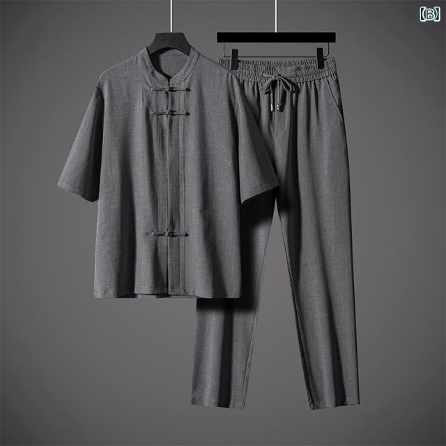 [XL ]メンズ ファッション 服 男性用 オシャレ シンプル 大人 かっこいい ストリート  夏 唐装 麻素材 半袖 レトロ 茶 