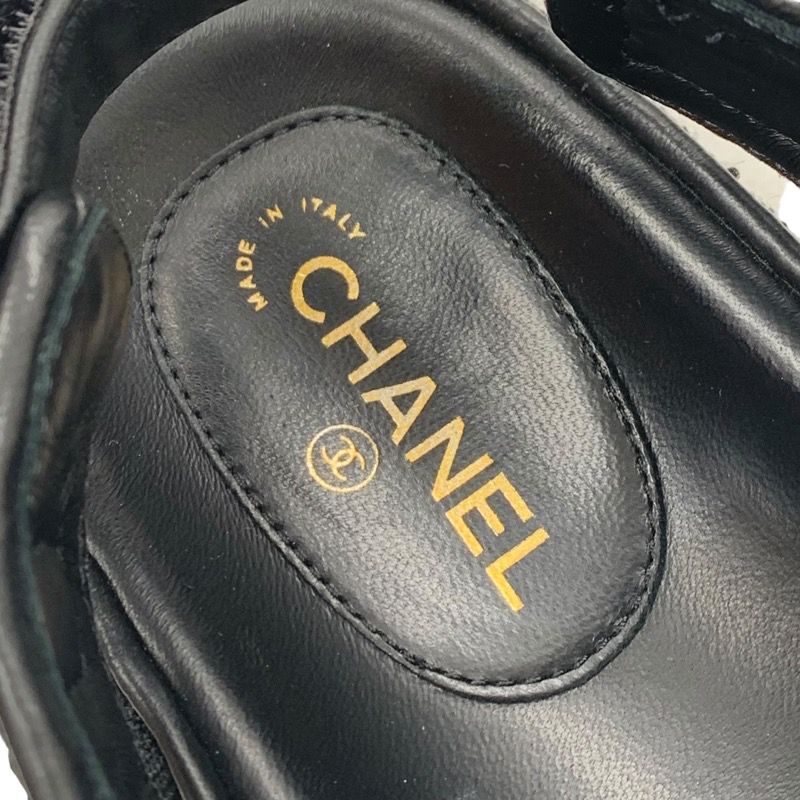 シャネル CHANEL サンダル ファブリック ブラック 黒 ゴールド 靴
